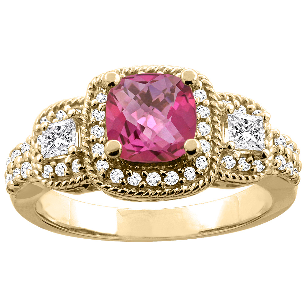 10K Yellow Gold Natural Pink Topaz Ring Cushion 6x6 mm Diamond Accent, sizes 5 - 10