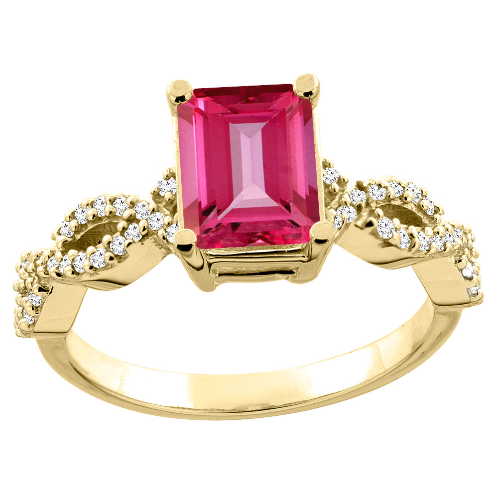 10K White/Yellow Gold Natural Pink Topaz Eternity Ring Octagon 9x7mm Diamond Accent, sizes 5 - 10