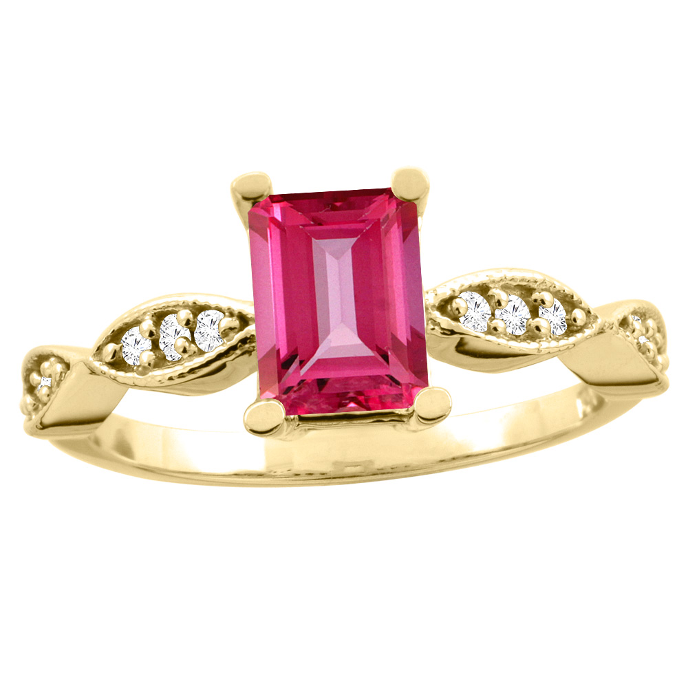 10K White/Yellow Gold Natural Pink Topaz Ring Octagon 8x6mm Diamond Accent, sizes 5 - 10