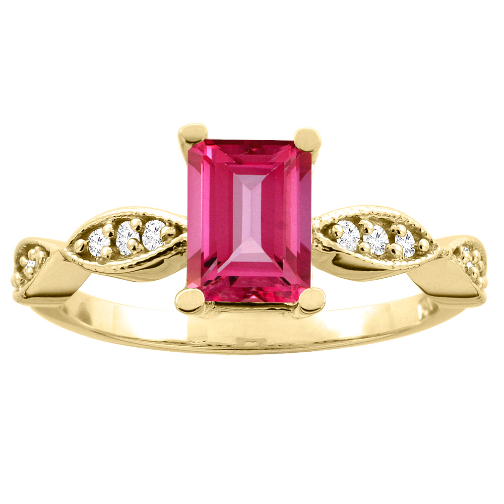10K White/Yellow Gold Natural Pink Topaz Ring Octagon 7x5mm Diamond Accents, sizes 5 -10