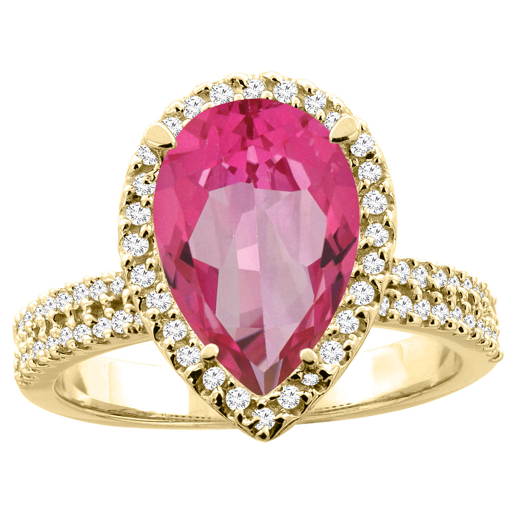 10K White/Yellow Gold Natural Pink Topaz Ring Pear 12x8mm Diamond Accents, sizes 5 - 10