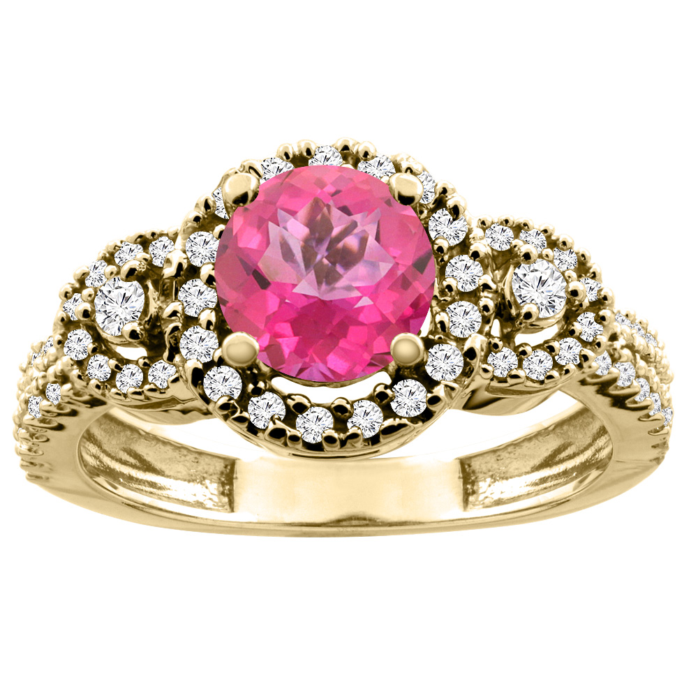 10K White/Yellow Gold Diamond Halo Natural Pink Topaz Ring Round 6mm, sizes 5 - 10