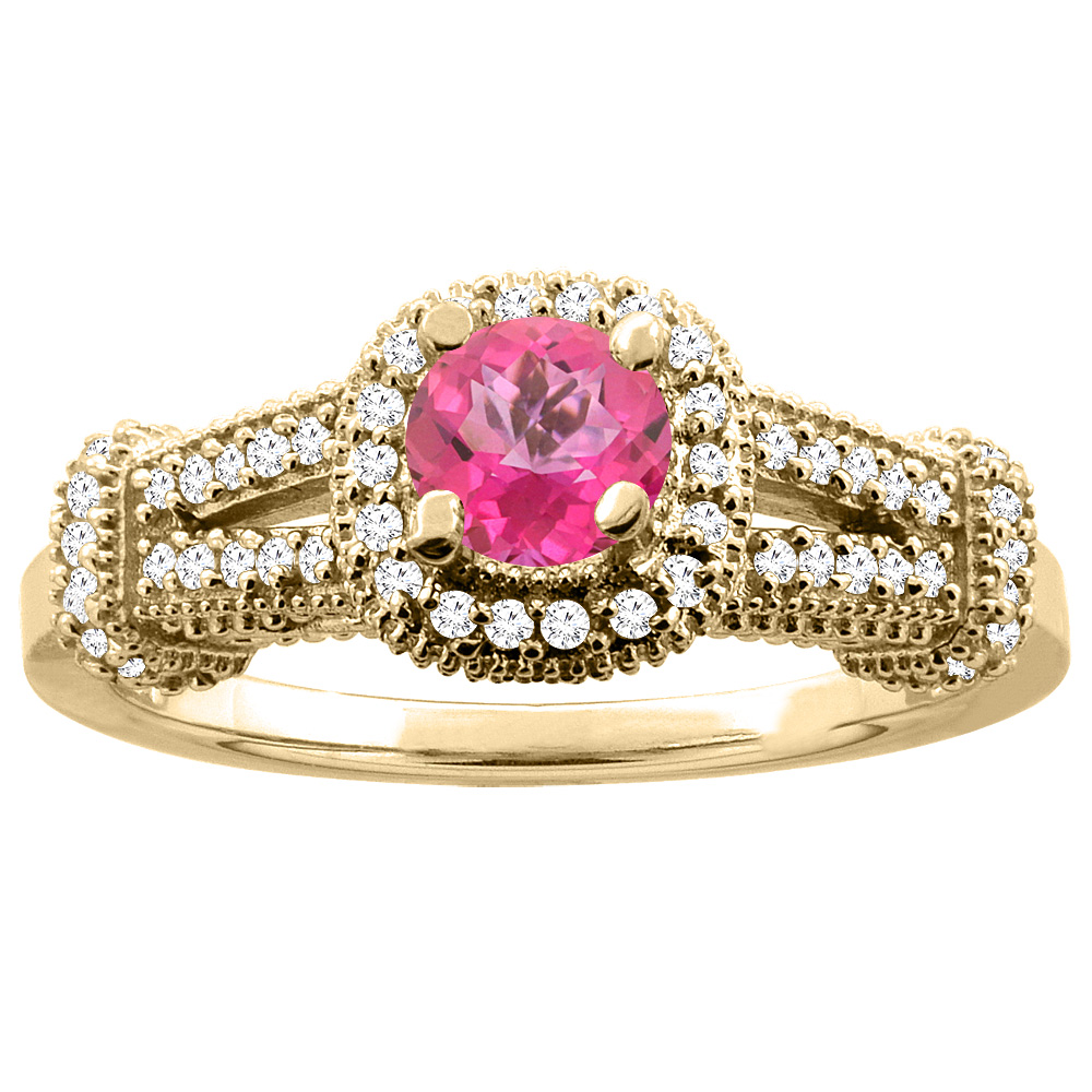 10K Yellow Gold Natural Pink Topaz Engagement Halo Ring Round 5mm Diamond Accents, sizes 5 - 10