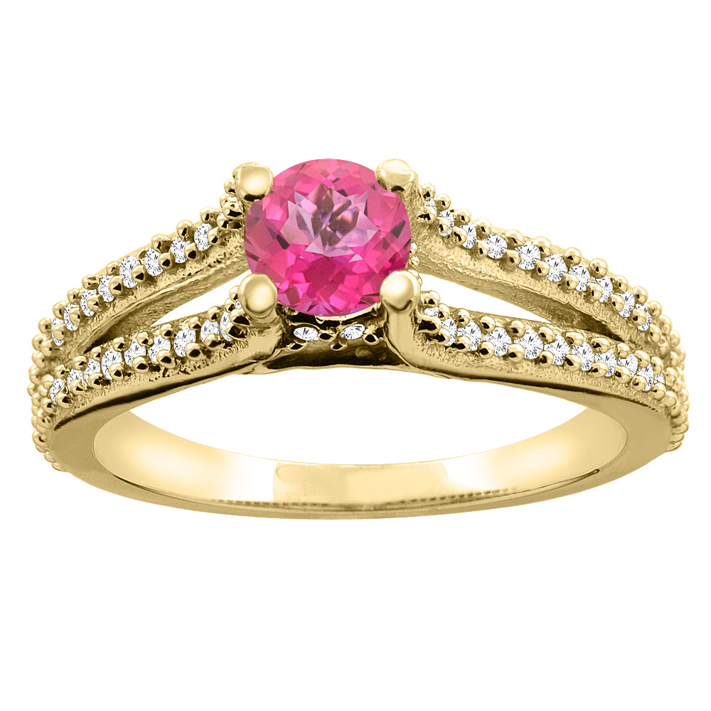 10K Yellow Gold Natural Pink Topaz Engagement Split Shank Ring Round 5mm Diamond Accents, sizes 5 - 10