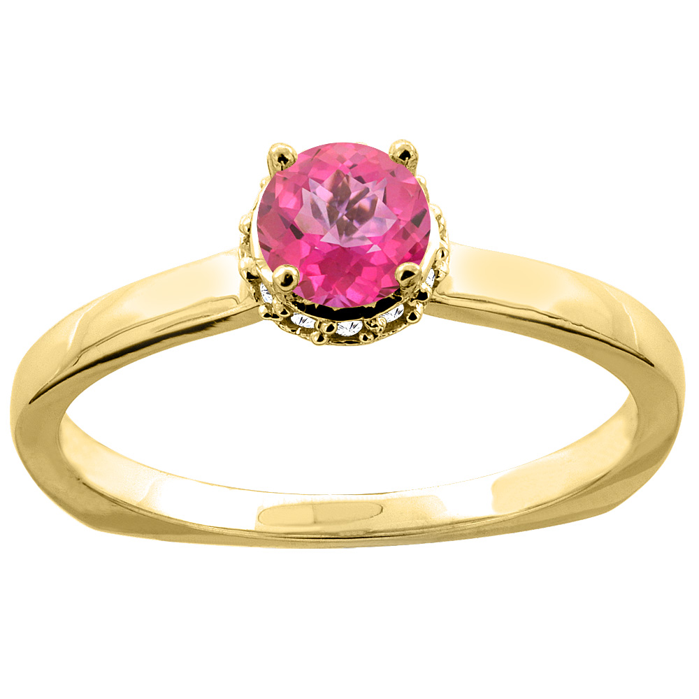 10K Gold Natural Pink Topaz Solitaire Engagement Ring Round 4mm Diamond Accents, sizes 5 - 10