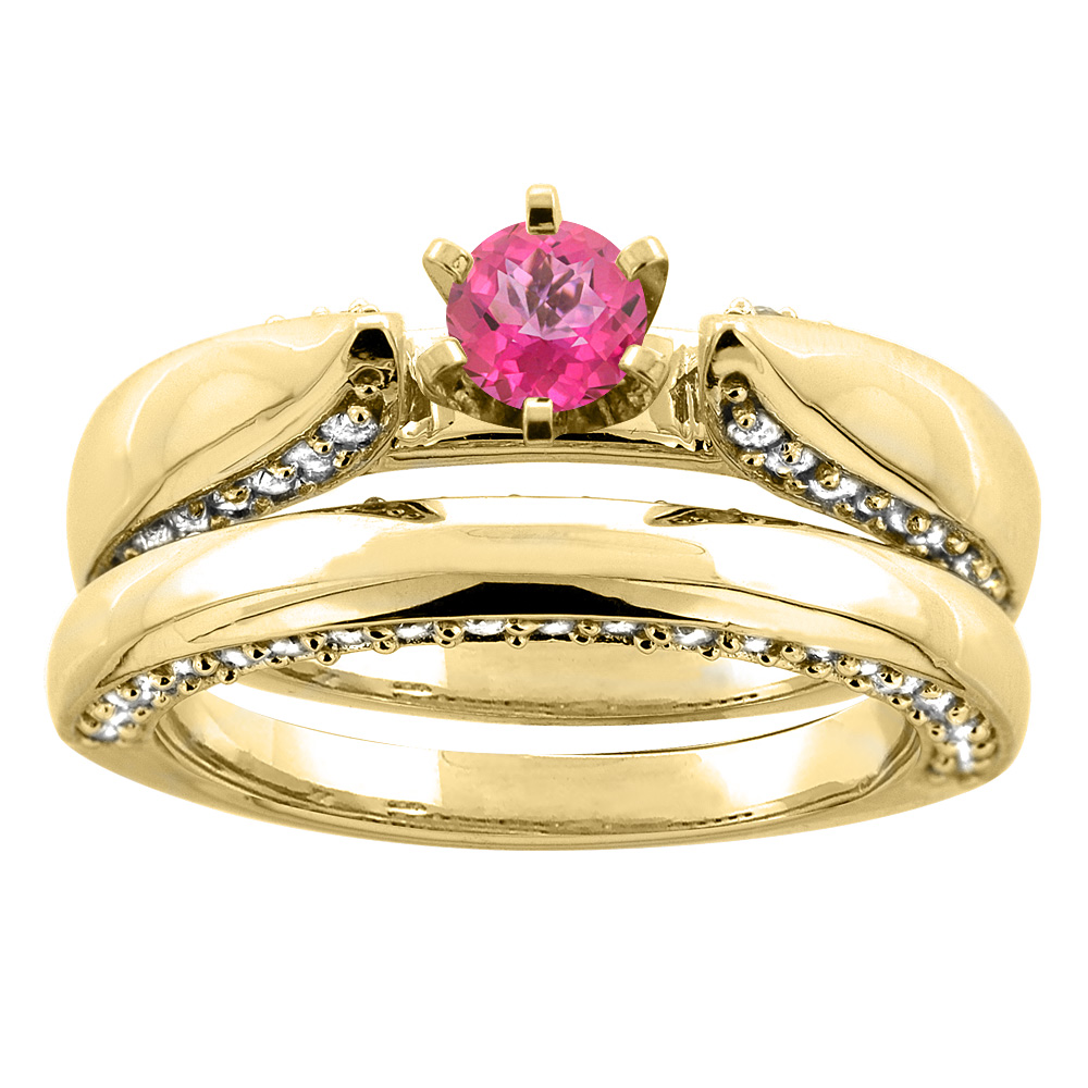 10K Yellow Gold Natural Pink Topaz 2-piece Bridal Ring Set Diamond Accents Round 5mm, sizes 5 - 10