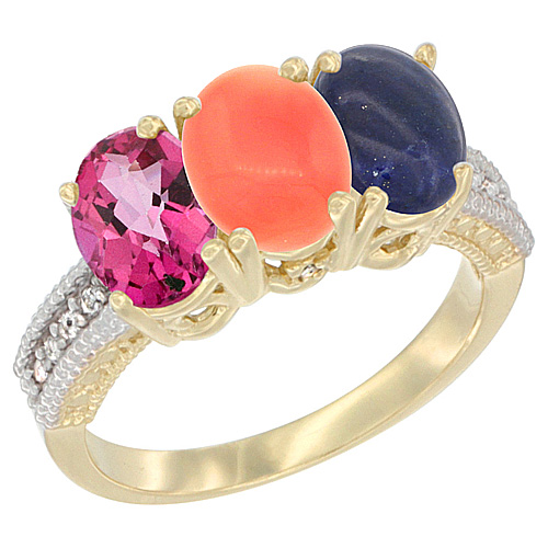 10K Yellow Gold Diamond Natural Pink Topaz, Coral & Lapis Ring 3-Stone 7x5 mm Oval, sizes 5 - 10