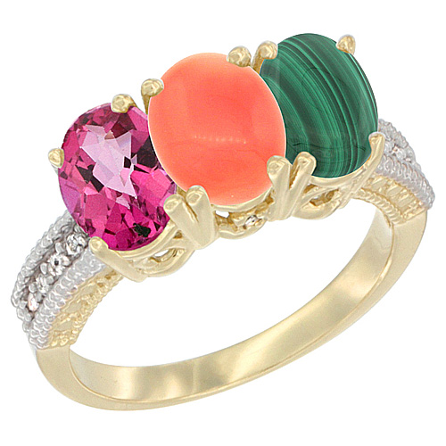 10K Yellow Gold Diamond Natural Pink Topaz, Coral & Malachite Ring 3-Stone 7x5 mm Oval, sizes 5 - 10