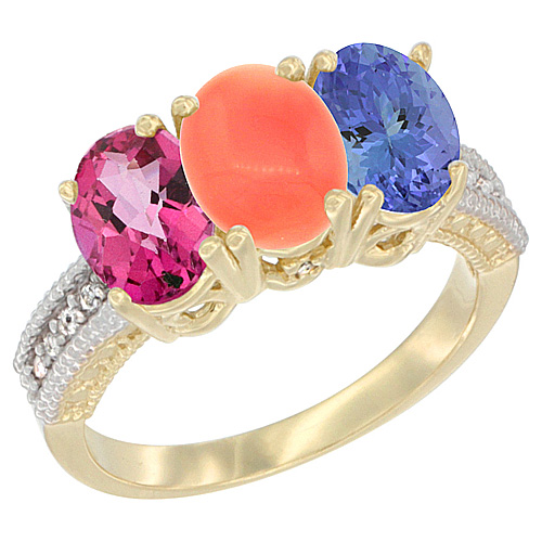 10K Yellow Gold Diamond Natural Pink Topaz, Coral & Tanzanite Ring 3-Stone 7x5 mm Oval, sizes 5 - 10