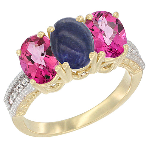 14K Yellow Gold Natural Lapis & Pink Topaz Ring 3-Stone 7x5 mm Oval Diamond Accent, sizes 5 - 10