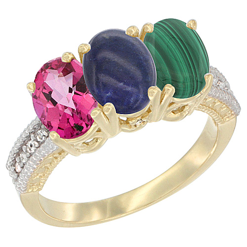 14K Yellow Gold Natural Pink Topaz, Lapis & Malachite Ring 3-Stone 7x5 mm Oval Diamond Accent, sizes 5 - 10