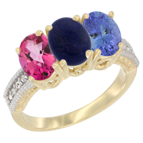 14K Yellow Gold Natural Pink Topaz, Lapis & Tanzanite Ring 3-Stone 7x5 mm Oval Diamond Accent, sizes 5 - 10