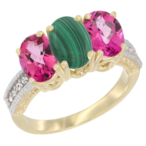 14K Yellow Gold Natural Malachite & Pink Topaz Ring 3-Stone 7x5 mm Oval Diamond Accent, sizes 5 - 10