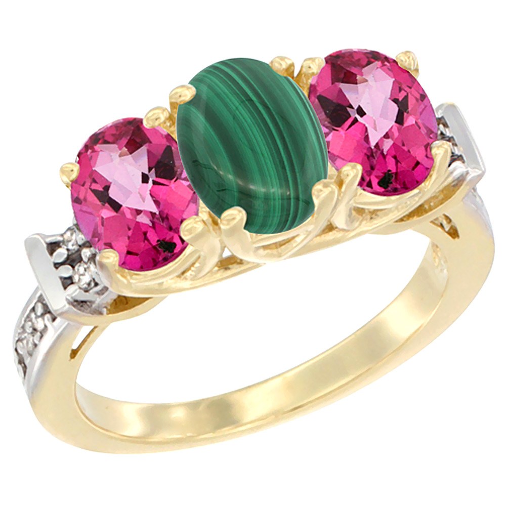 14K Yellow Gold Natural Malachite & Pink Topaz Sides Ring 3-Stone Oval Diamond Accent, sizes 5 - 10