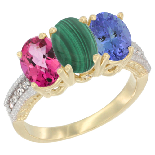 14K Yellow Gold Natural Pink Topaz, Malachite & Tanzanite Ring 3-Stone 7x5 mm Oval Diamond Accent, sizes 5 - 10
