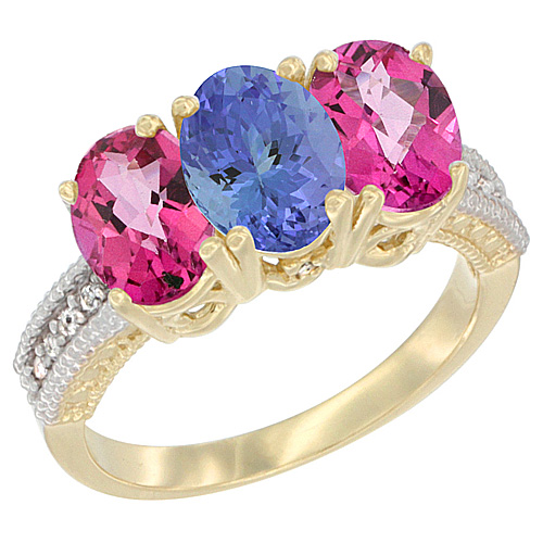10K Yellow Gold Diamond Natural Tanzanite & Pink Topaz Ring 3-Stone 7x5 mm Oval, sizes 5 - 10