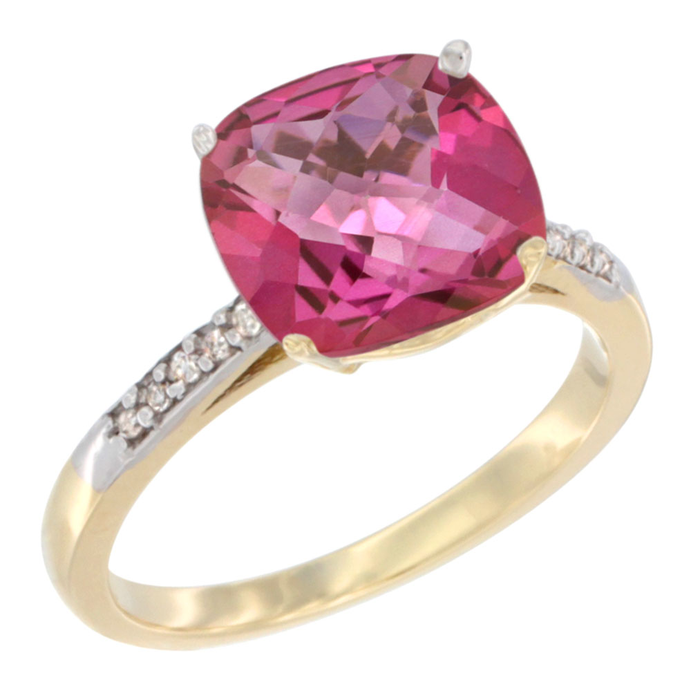 10K Yellow Gold Natural Pink Topaz Ring Cushion-cut 9 mm Diamond accent, sizes 5 - 10