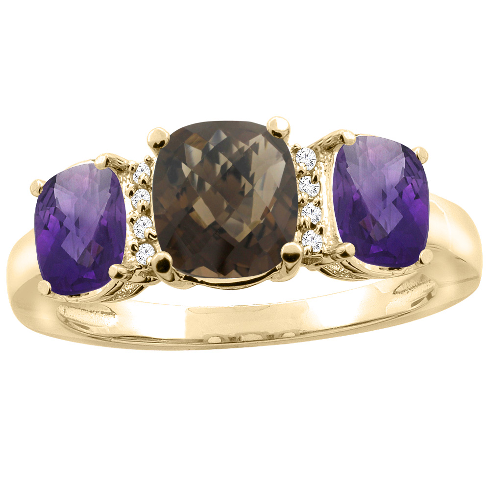 10K Yellow Gold Natural Smoky Topaz & Amethyst 3-stone Ring Cushion 8x6mm Diamond Accent, sizes 5 - 10