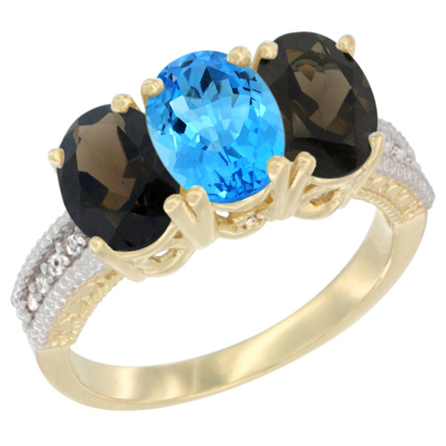 14K Yellow Gold Natural Swiss Blue Topaz & Smoky Topaz Ring 3-Stone 7x5 mm Oval Diamond Accent, sizes 5 - 10
