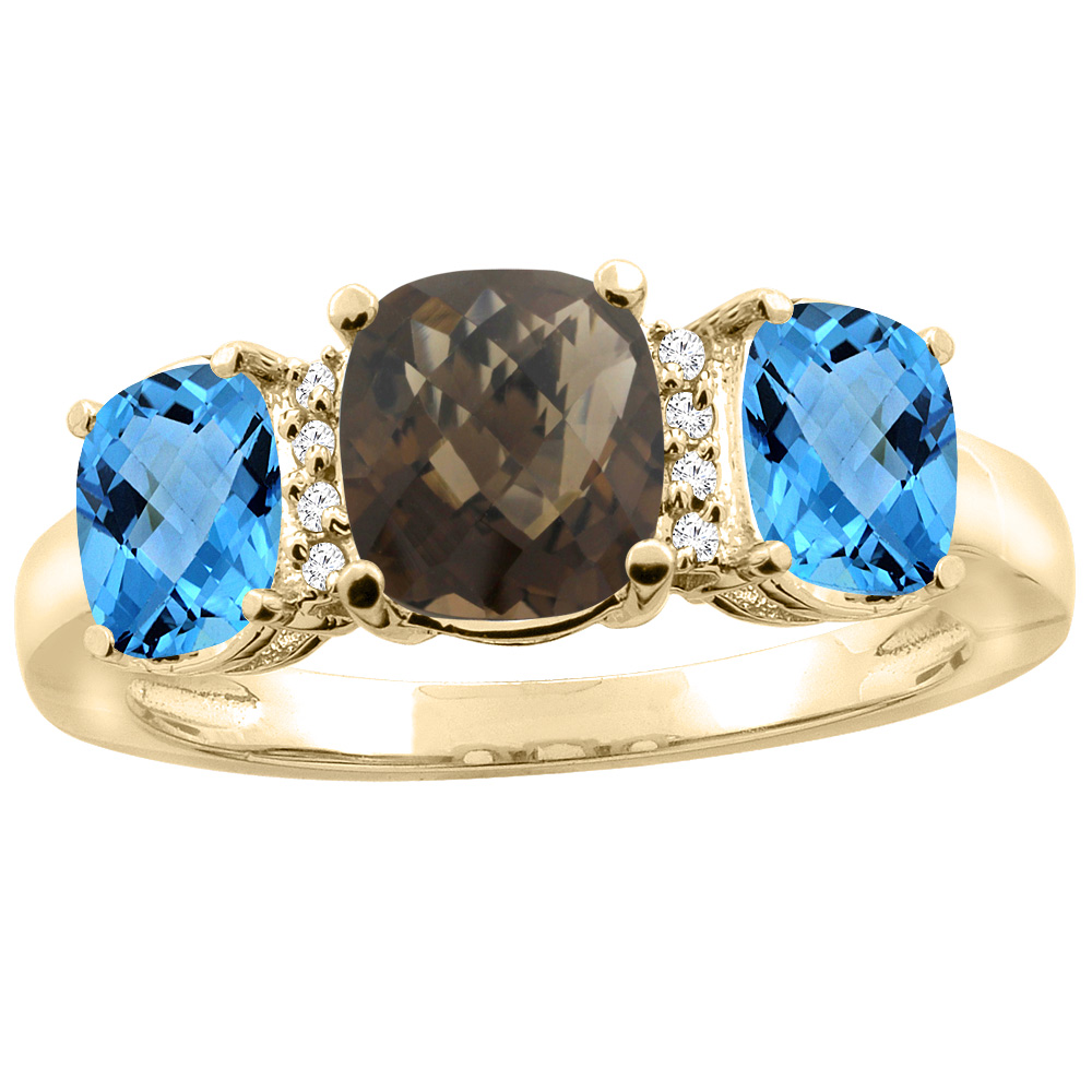 14K Yellow Gold Natural Smoky Topaz & Swiss Blue Topaz 3-stone Ring Cushion 8x6mm Diamond Accent, sizes 5 - 10