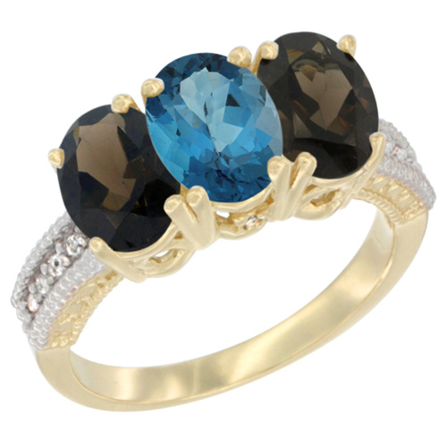 10K Yellow Gold Diamond Natural London Blue Topaz & Smoky Topaz Ring 3-Stone 7x5 mm Oval, sizes 5 - 10