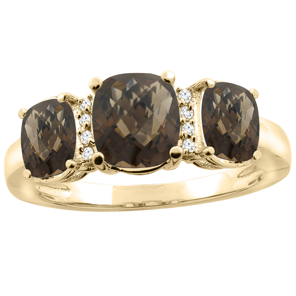 10K Yellow Gold Natural Smoky Topaz 3-stone Ring Cushion 8x6mm Diamond Accent, sizes 5 - 10