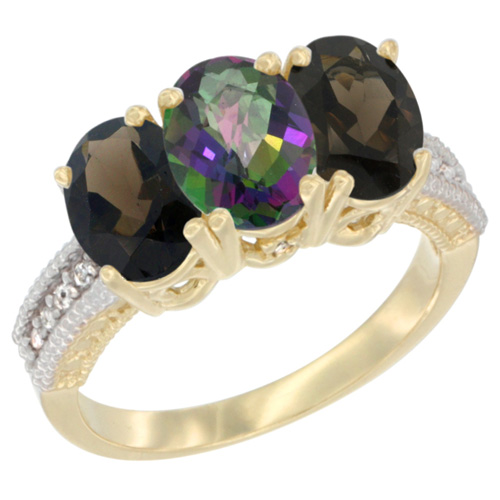 10K Yellow Gold Diamond Natural Mystic Topaz & Smoky Topaz Ring 3-Stone 7x5 mm Oval, sizes 5 - 10