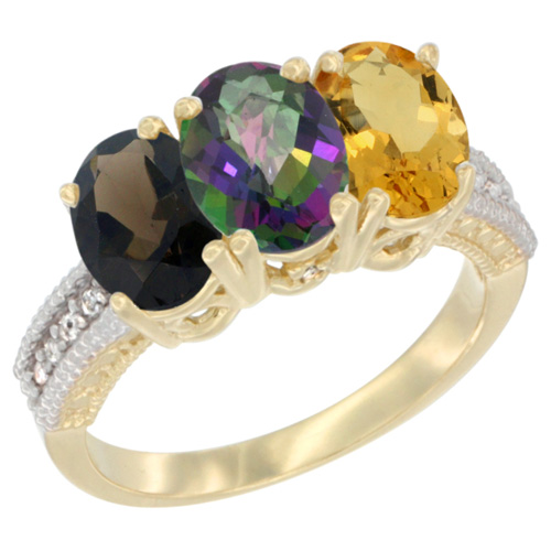 10K Yellow Gold Diamond Natural Smoky Topaz, Mystic Topaz & Citrine Ring 3-Stone 7x5 mm Oval, sizes 5 - 10