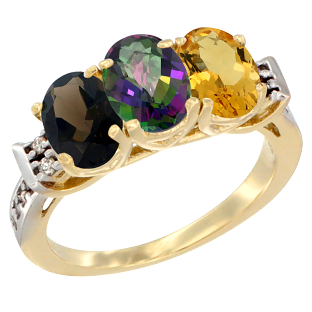 14K Yellow Gold Natural Smoky Topaz, Mystic Topaz & Citrine Ring 3-Stone Oval 7x5 mm Diamond Accent, sizes 5 - 10