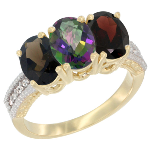 10K Yellow Gold Diamond Natural Smoky Topaz, Mystic Topaz & Garnet Ring 3-Stone 7x5 mm Oval, sizes 5 - 10