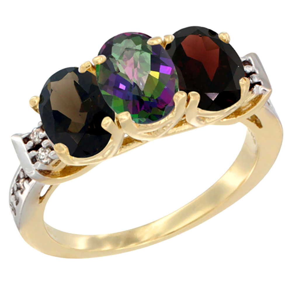 14K Yellow Gold Natural Smoky Topaz, Mystic Topaz & Garnet Ring 3-Stone Oval 7x5 mm Diamond Accent, sizes 5 - 10