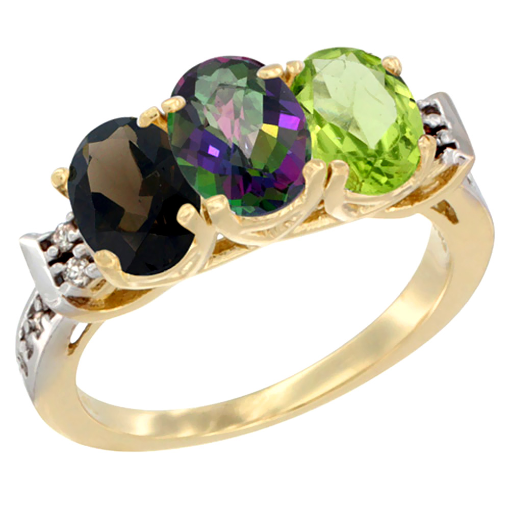 14K Yellow Gold Natural Smoky Topaz, Mystic Topaz & Peridot Ring 3-Stone Oval 7x5 mm Diamond Accent, sizes 5 - 10