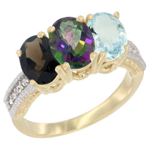 10K Yellow Gold Diamond Natural Smoky Topaz, Mystic Topaz & Aquamarine Ring 3-Stone 7x5 mm Oval, sizes 5 - 10