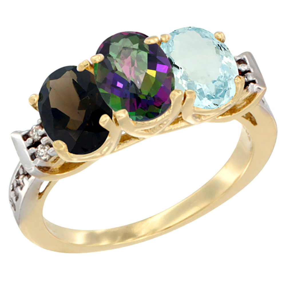 14K Yellow Gold Natural Smoky Topaz, Mystic Topaz & Aquamarine Ring 3-Stone Oval 7x5 mm Diamond Accent, sizes 5 - 10