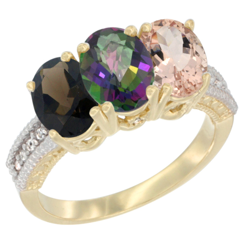 14K Yellow Gold Natural Smoky Topaz, Mystic Topaz & Morganite Ring 3-Stone 7x5 mm Oval Diamond Accent, sizes 5 - 10