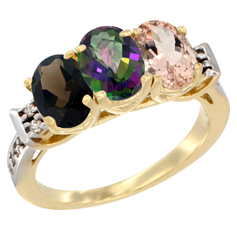 14K Yellow Gold Natural Smoky Topaz, Mystic Topaz & Morganite Ring 3-Stone Oval 7x5 mm Diamond Accent, sizes 5 - 10