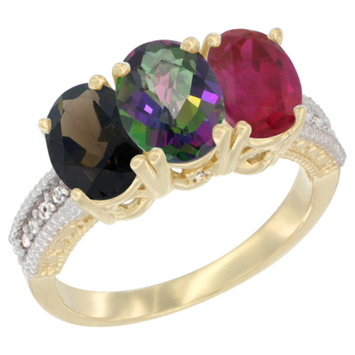 14K Yellow Gold Natural Smoky Topaz, Mystic Topaz & Enhanced Ruby Ring 3-Stone 7x5 mm Oval Diamond Accent, sizes 5 - 10