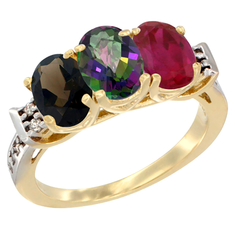 14K Yellow Gold Natural Smoky Topaz, Mystic Topaz & Enhanced Ruby Ring 3-Stone Oval 7x5 mm Diamond Accent, sizes 5 - 10