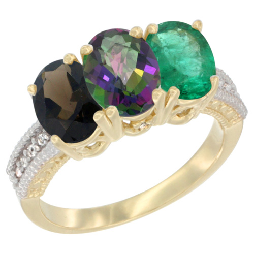 14K Yellow Gold Natural Smoky Topaz, Mystic Topaz & Emerald Ring 3-Stone 7x5 mm Oval Diamond Accent, sizes 5 - 10