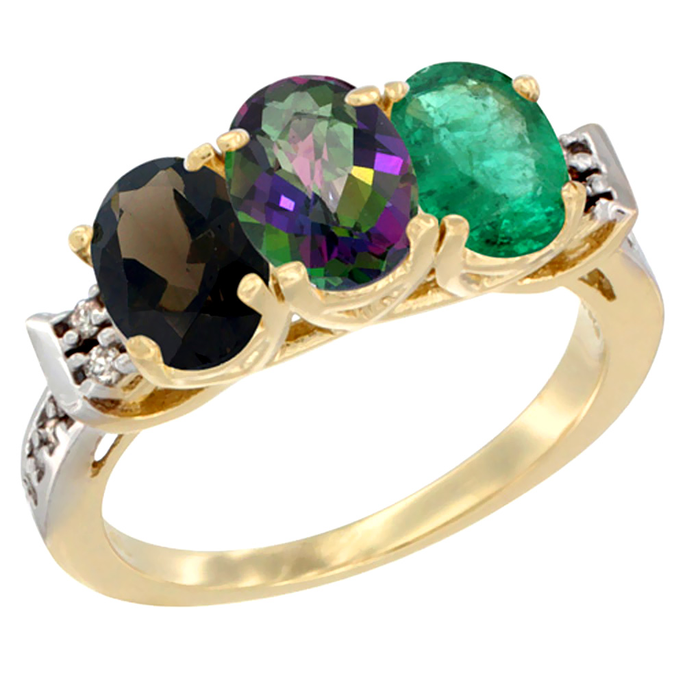 14K Yellow Gold Natural Smoky Topaz, Mystic Topaz & Emerald Ring 3-Stone Oval 7x5 mm Diamond Accent, sizes 5 - 10