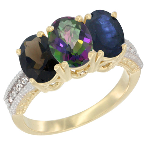 14K Yellow Gold Natural Smoky Topaz, Mystic Topaz & Blue Sapphire Ring 3-Stone 7x5 mm Oval Diamond Accent, sizes 5 - 10