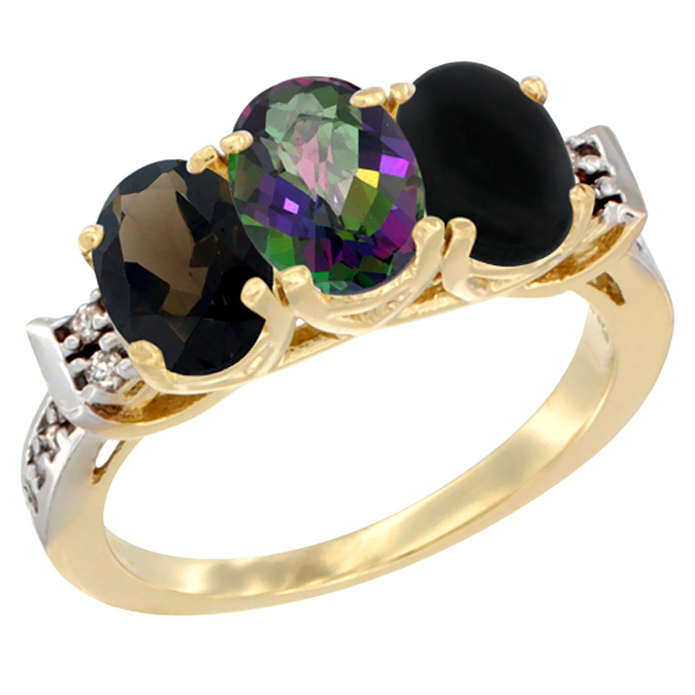 14K Yellow Gold Natural Smoky Topaz, Mystic Topaz & Black Onyx Ring 3-Stone Oval 7x5 mm Diamond Accent, sizes 5 - 10