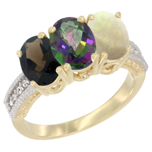 14K Yellow Gold Natural Smoky Topaz, Mystic Topaz & Opal Ring 3-Stone 7x5 mm Oval Diamond Accent, sizes 5 - 10