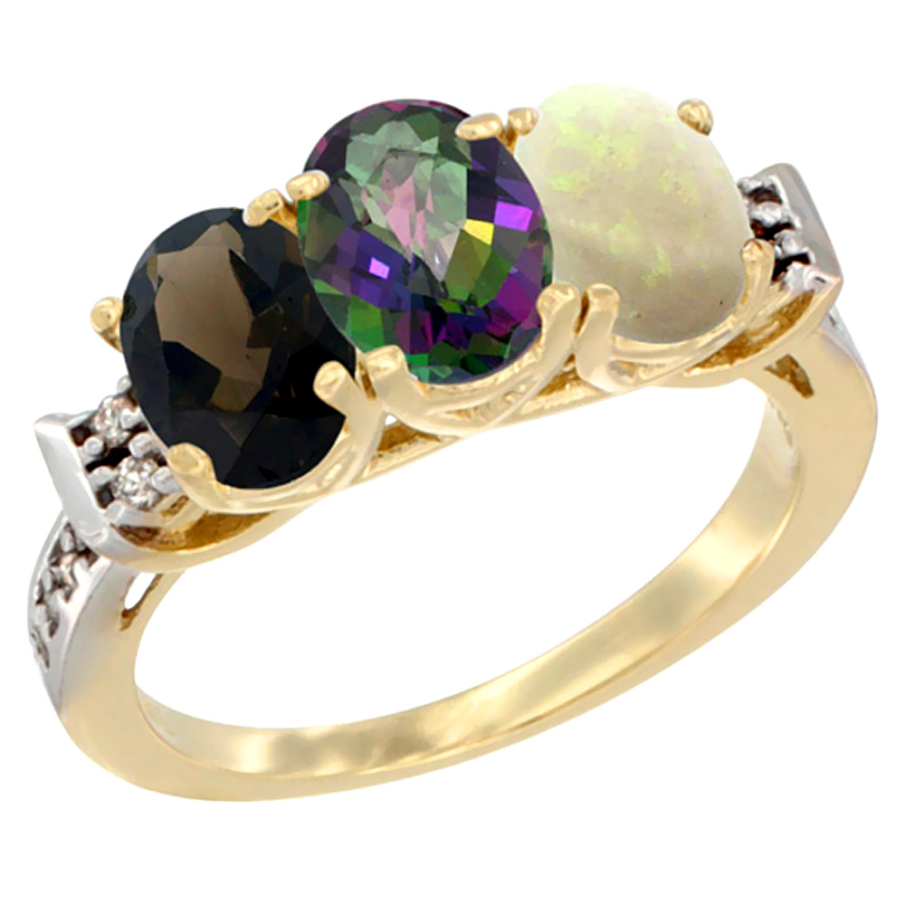 14K Yellow Gold Natural Smoky Topaz, Mystic Topaz & Opal Ring 3-Stone Oval 7x5 mm Diamond Accent, sizes 5 - 10