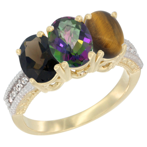 14K Yellow Gold Natural Smoky Topaz, Mystic Topaz & Tiger Eye Ring 3-Stone 7x5 mm Oval Diamond Accent, sizes 5 - 10