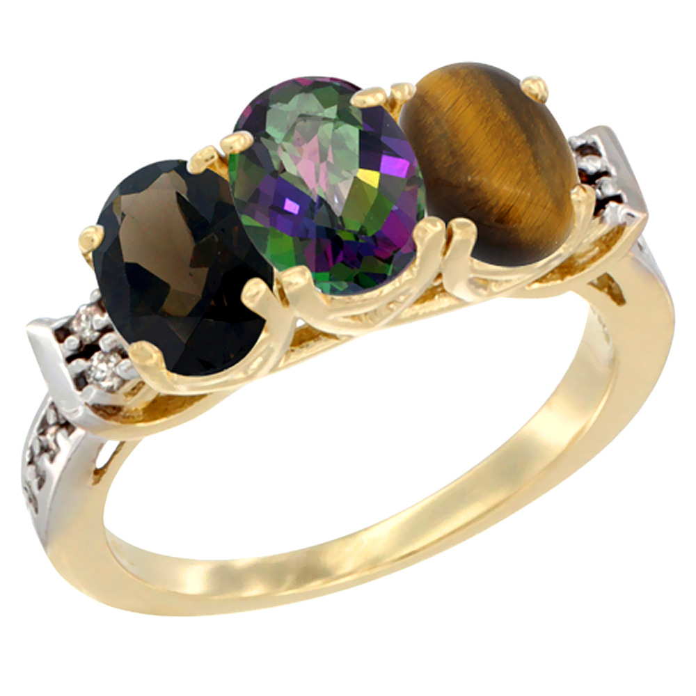14K Yellow Gold Natural Smoky Topaz, Mystic Topaz & Tiger Eye Ring 3-Stone Oval 7x5 mm Diamond Accent, sizes 5 - 10