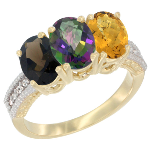 14K Yellow Gold Natural Smoky Topaz, Mystic Topaz & Whisky Quartz Ring 3-Stone 7x5 mm Oval Diamond Accent, sizes 5 - 10