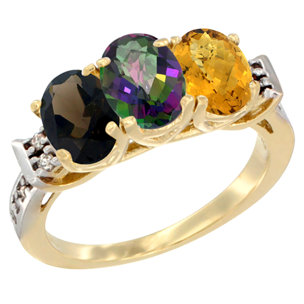 14K Yellow Gold Natural Smoky Topaz, Mystic Topaz & Whisky Quartz Ring 3-Stone Oval 7x5 mm Diamond Accent, sizes 5 - 10