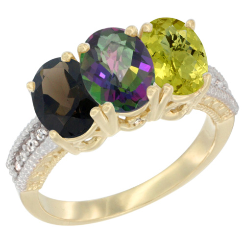 14K Yellow Gold Natural Smoky Topaz, Mystic Topaz & Lemon Quartz Ring 3-Stone 7x5 mm Oval Diamond Accent, sizes 5 - 10