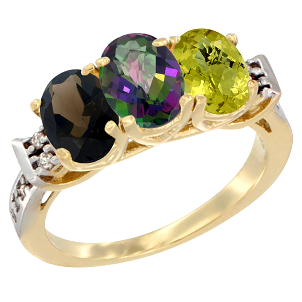 14K Yellow Gold Natural Smoky Topaz, Mystic Topaz & Lemon Quartz Ring 3-Stone Oval 7x5 mm Diamond Accent, sizes 5 - 10